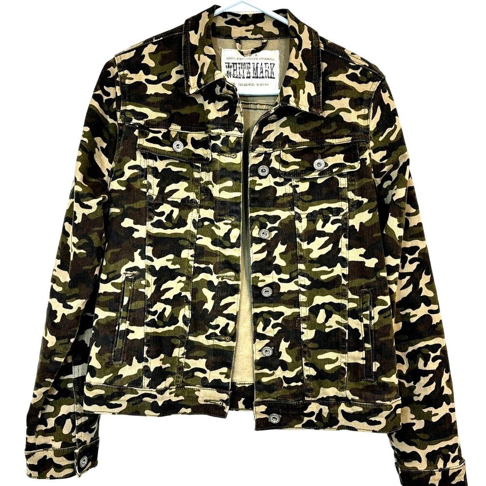 White Mark Denim Collection Women's Stretch Button Up Camo Jean Jacket Large